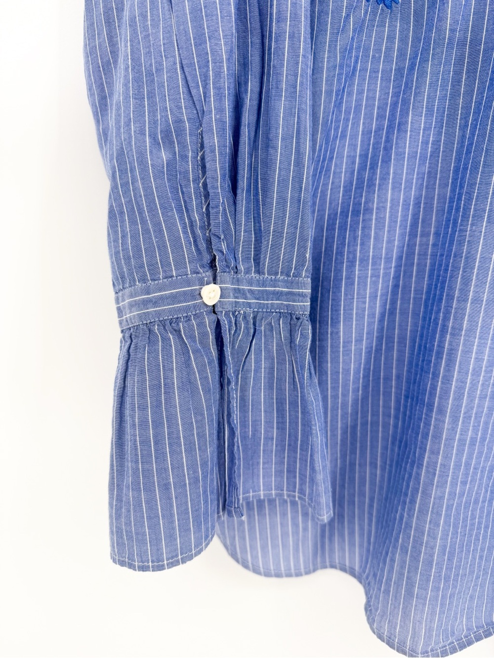 Loft Pinstripe Floral Embroidered Peasant Button Up Top Blue White XL - Picture 5 of 9